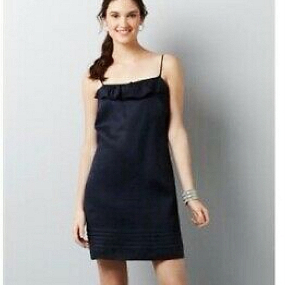 Loft Ruffle 100% Linen dress size 18 Navy blue